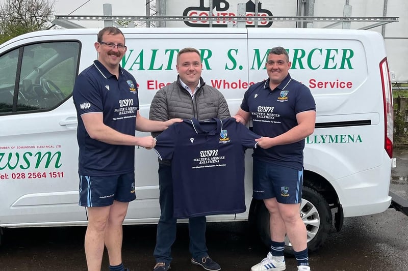 Daniel McCord of Walter S Mercer Electrical Wholesale Ballymena, sponsor, wishes Andrew Millar and Jason Clyde good luck for the Crawford Cup final. Andrew and Jason both work for Mercers and are in the starting team.