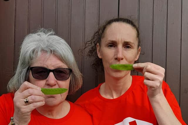 To coincide with Christian Aid Week (14-20 May), Stoneyford women Norma Parker (left) and Zelda Hearst shared a photo with a pea pod in place of their normal smiles to demonstrate their happiness for pigeon pea farmers in southern Malawi who have seen their lives transformed since joining Christian Aid-supported cooperatives.