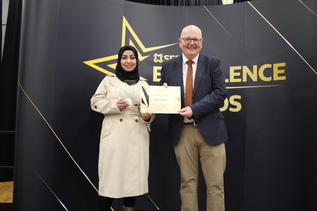 Dave Linton founder and Managing Director of social enterprise luggage company Madlug presented the certificates and trophies for the Further Education Student of the Year Awards. He is pictured with award winner for School of Performing and Creative Arts (Joint Winner), Wesam Abduldaim.