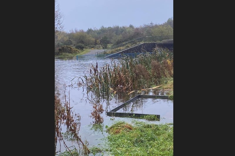 Fishing bays barely visible due to flooding at Craigavon City Park and Lakes following Storm Ciaran.