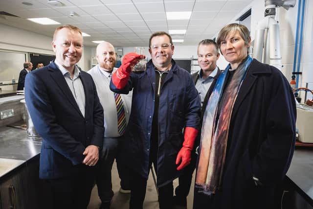 Department for Infrastructure Permanent Secretary Julie Harrison visits the new construction materials testing laboratory at Carn in Portadown.  She and Director of Engineering David Porter met laboratory staff including Barry Goodman.  Deputy Secretary Colin Woods and Ian Hutchinson also pictured.