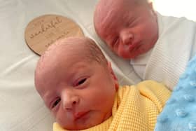 Identical twin boys Tommy and Teddy McCready, Tommy is in the white blanket, Teddy in yellow. Pic credit: SEHSCT