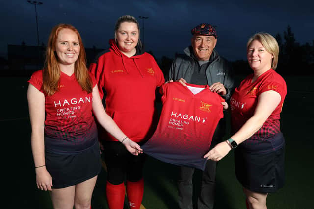 Ballyclare Ladies Hockey Club 1XI Captain Jessica Childs; 3XI Captain Lauren Watson; James Hagan, Founder and Chair, Hagan Homes; and 2XI Captain Jaquie Hanley. Picture by Kelvin Boyes  // Press Eye