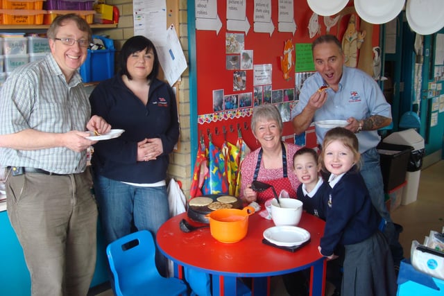 Stephen Craig, Catherine Callaghan and Rab Rice from the Larne Lifeboat Station dropped in to Whitehead Primary School back in 2012 to talk to year 1 children about their RNLI work as part of the people who help us topic. They struck it lucky as it was Pancake Day. With them is teacher Elaine Lee and pupils Regan and Ruby.