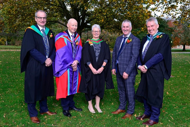 The platform party at the CAFRE graduation ceremony: Martin McKendry, director; Dr Eric Long, head of education service; Irene Downey, senior lecturer; guest speaker, Victor Chestnutt, immediate past president of the Ulster Farmers’ Union and Paul Mooney, head of horticulture.