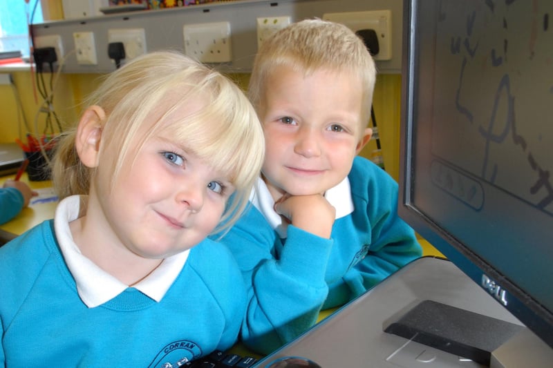 Kyzler and Jaylin enjoying their time on the computer in the Corran Integrated Primary School P1 classroom back in 2011. INLT 42-320-PR