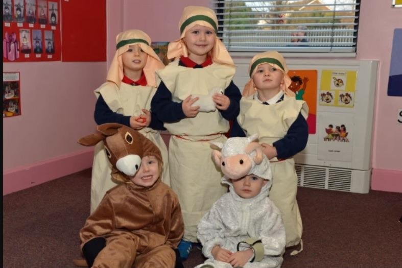 Shepherds Corey Baird, Alexandru Brown and Cole Sheldon are pictured with Ben Crymble as the donkey and Alex Gilmore as the sheep in the Woodburn Pre-School Nativity play in 2013.
