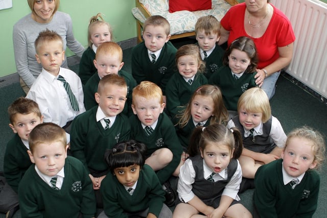 P1 pupils at St Aloysius PS with teachers Mrs Una Gray and Mrs Margaret Moran in 2008