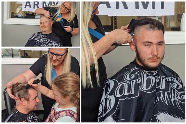 Carrickfergus firefighters 'brave the shave' for Ollie, with Butlers' Barbers staff member Dylan also joining in.  Photos: Jeanna Robb