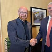DUP Leader Rt. Hon. Gavin Robinson MP pictured welcoming Ballymoney Councillor Darryl Wilson into the Democratic Unionist Party in North Antrim. CREDIT DUP