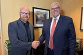 DUP Leader Rt. Hon. Gavin Robinson MP pictured welcoming Ballymoney Councillor Darryl Wilson into the Democratic Unionist Party in North Antrim. CREDIT DUP