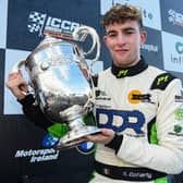 Ronan Doherty holds the Leinster Trophy after winning the Formula Vee race, Mondello Park, Donore, Co.Kildare. Picture: Barry Cregg.