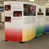 Consisting of five double sided panels, the exhibition features a range of personal stories.  Photo: Libraries NI