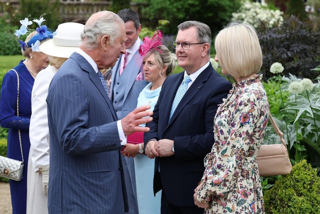 King Charles pictured with DUP leader Sir Jeffrey Donaldson at the Hillsborough Castle garden party.