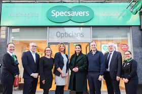Lucy Corscaden from Specsavers Lisburn, audiology director Paul Clarke, Lisburn store directors Natalie Latham and Leanne Lindsay, Emma Little-Pengelly MLA, Paul Givan MLA, Alderman Allan Ewart MBE and Pamela Woods from Specsavers Lisburn. Pic credit: Specsavers