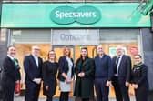 Lucy Corscaden from Specsavers Lisburn, audiology director Paul Clarke, Lisburn store directors Natalie Latham and Leanne Lindsay, Emma Little-Pengelly MLA, Paul Givan MLA, Alderman Allan Ewart MBE and Pamela Woods from Specsavers Lisburn. Pic credit: Specsavers