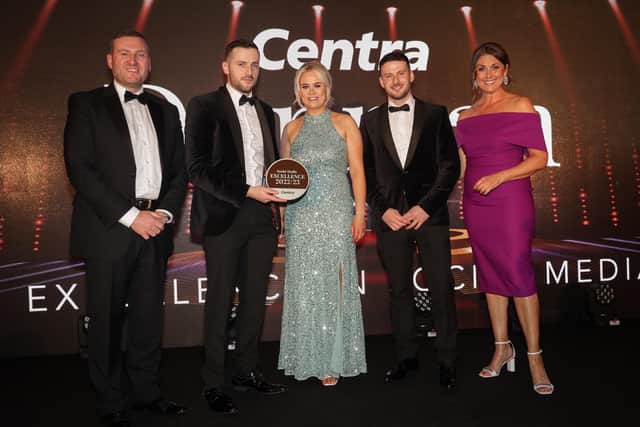 Taking home the Centra award for Excellence in Social Media is the team from Centra Conway’s Dunman in Cookstown. From second left, Daniel Conway, store manager Niamh Corr and Declan Conway are joined by Desi Derby Marketing Director for Musgrave NI (left) and host Sarah Travers (right).