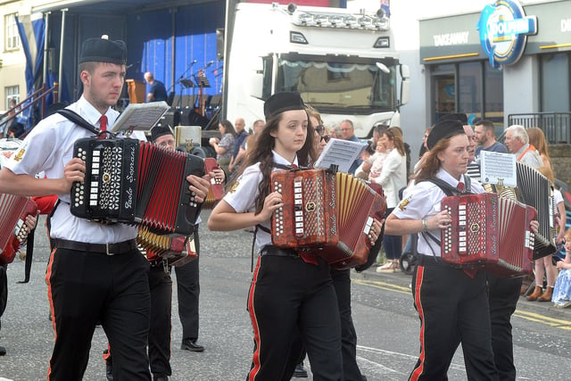 Members of the John Hunter Accordion Band, Mountnorris taking part in the mini 12th parade in Markethill. PT27-272.