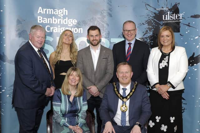 Pictured at the ABC Senior Sports Awards are (back row) Armagh, Banbridge and Craigavon Sports Forum Chairman Cathal O’Neill, special guests Jane Alexander and Matthew Bell, Council Chief Executive Roger Wilson and compere Denise Watson. Seated: Rachel Guy from the Ulster Carpets and Lord Mayor Councillor Paul Greenfield.