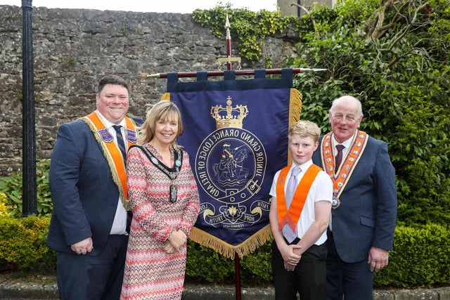 Pictured with the JGOLI’s new bannerette are The Grand Master of the Grand Orange Lodge of Ireland, Most Wor. Bro. Edward Stevenson; Standard Bearer, David Coulter JLOL 27; Lord Mayor Of Armagh City, Banbridge And Craigavon, Alderman Margaret Tinsley; and Most Worthy Bro. Joeseph Magill, Grand Master, JGOLI.