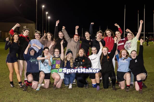 SportMaker Children’s Coach of the Year Sabrina Higgins celebrating with Carrick RFC colleagues. Photo by: MCAULEY_MULTIMEDIA