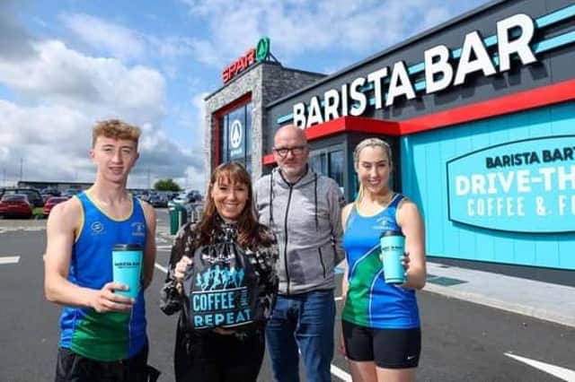 Adam McCann and Dawn Blain are pictured with Keavy O’Mahony Truesdale, brand manager at Barista Bar and Alex Davidson of the Mallusk Harriers Athletics Club, at the launch of this year's event. Photo: submitted