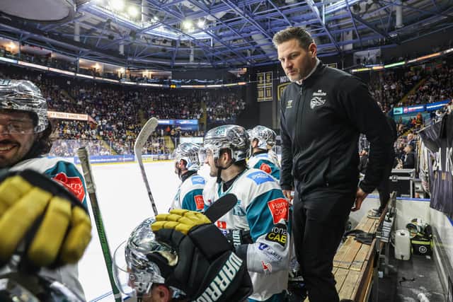 Belfast Giants’ Head Coach Adam Keefe during Sunday night's Elite Ice Hockey League game against the Nottingham Panthers at the Motorpoint Arena, Nottingham. Photo by William Cherry/Presseye
