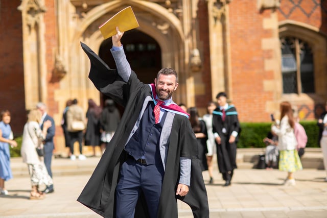 Colm Murney from Rostrevor is pictured celebrating his graduation with a Master's in Education and Leadership from Queen's University.