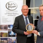 Lord Lieutenant for Co Armagh the Rt Hon the Earl of Caledon KCVO JP presents the King’s Award for Enterprise for International Trade to Mr Ashley Pigott OBE, Chairman and Managing Director of AJ Power.