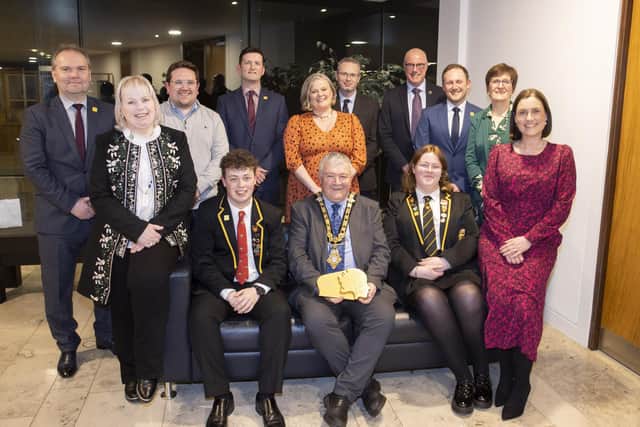 The Mayor of Causeway Coast and Glens Borough Council, Councillor Ivor Wallace, pictured with representatives of Limavady High School’s Leadership team and Alderman Michelle Knight-McQuillan, Councillor Aaron Callan and Councillor James McCorkell at the reception in Cloonavin.