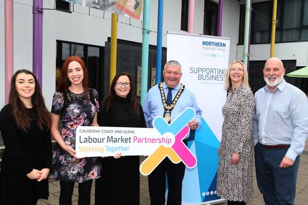 Pictured at the launch of the new Work Ready Programme are Chloe Stewart (Causeway Coast and Glens Labour Market Partnership), Dearbhaile Hutchinson (Causeway Coast and Glens Labour Market Partnership), Catriona Sweeney (North West Regional College Curriculum Manager), the Mayor of Causeway Coast and Glens Borough Council Councillor Ivor Wallace, Marie Donaghy, (Business Engagement Officer at Northern Regional College), and Marc McGerty (Causeway Coast and Glens Labour Market Partnership Manager).