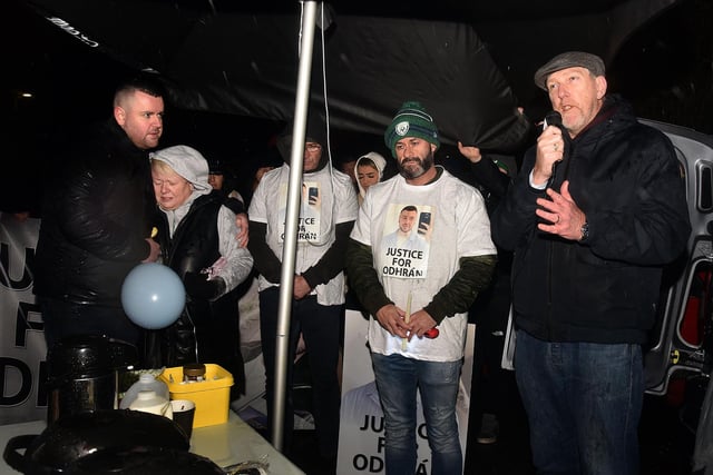 Upper Bann MLA John O'Dowd speaking at the vigil for Odhran Kelly on Wednesday evening. LM50-238.