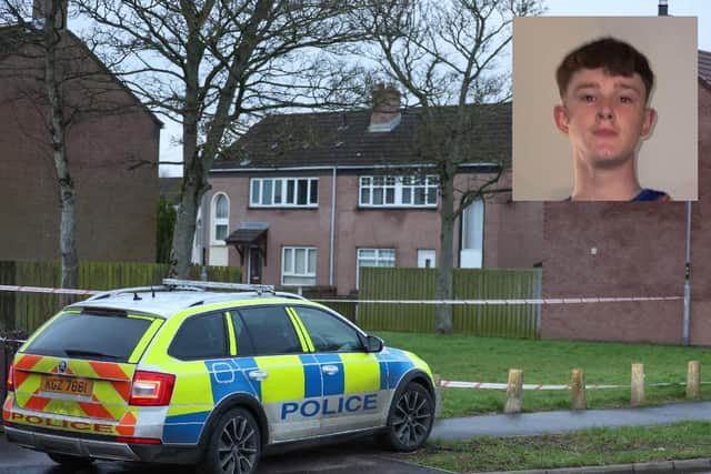 Police at the scene of the murder of 17-year-old Blake Newland (inset) in Limavady. Picture: Pacemaker