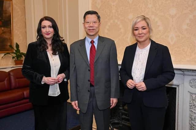 China's Consul General Li Nan met with First Minister Michelle O’Neill and deputy First Minister Emma Little-Pengelly in February. Pic: Chinese government.