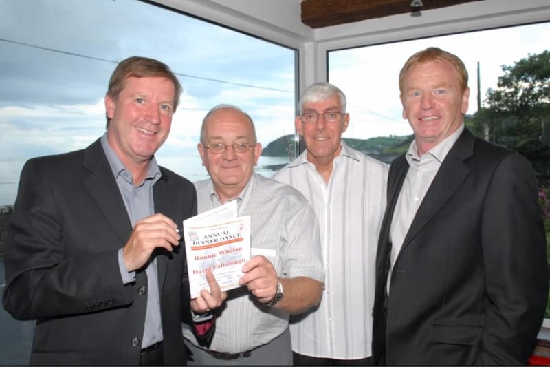 Liverpool legends Ronnie Whelan and David Fairclough chatting with Olderfleet Liverpool FC Supporters' Club, Larne branch, chairman Jim Elliott and vice chairman Brian Lilley at the club's annual dinner dance held in the Halfway House Hotel in 2008.