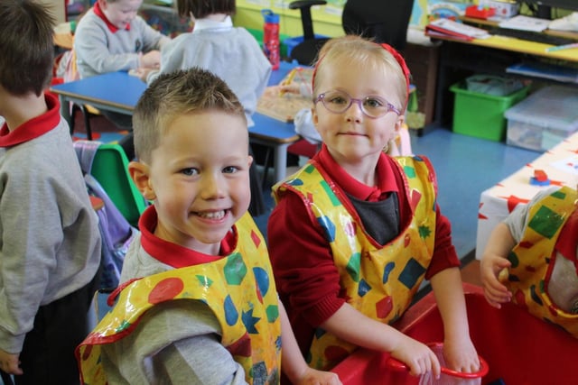 Enjoying their first days at school are these Primary One pupils from Coleraine's DH Christie Memorial Primary School.