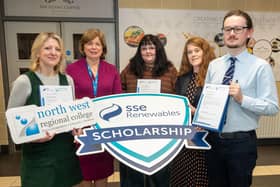 Students from Limavady and Coleraine - Deborah Mullan, Tristian Whitney and Charlotte McKendry pictured with Dr. Catherine O’Mullan, Director of Curriculum and Academic Standards at NWRC and Annette Duffy, Community Investment Manager at SSE Renewables, at the presentation of SSE Renewables scholarships. (pic Martin McKeown)