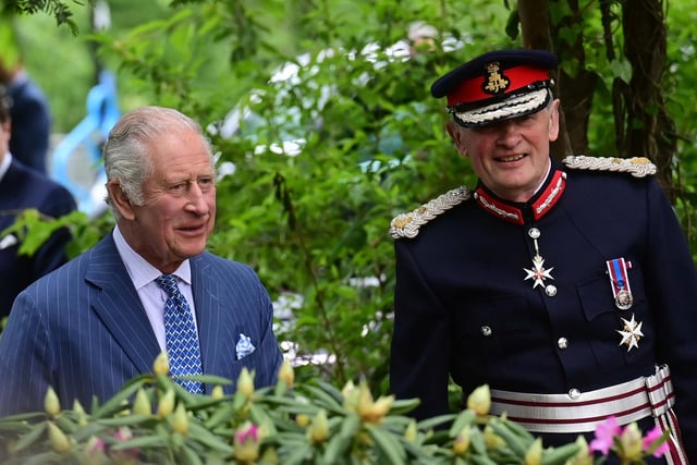 King Charles with Lord Lieutenant of Co Antrim David McCorkell during the visit to Hazelbank Park. Picture: Colm Lenaghan/Pacemaker
