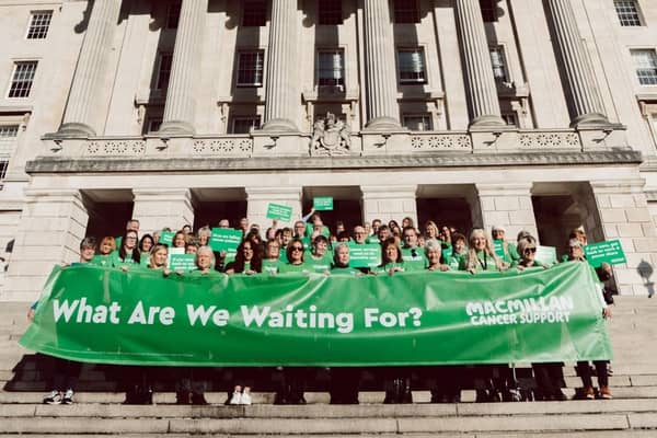 Macmillan cancer campaigners on the steps of Stormont. Credit Macmillan Cancer