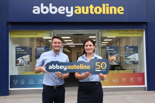 AbbeyAutoline, is celebrating its 50th anniversary by enhancing its high street presence in Northern Ireland and relocating its Portadown branch to a new town-centre location. The new branch is part of the company’s commitment to strengthening its well-established Commercial Lines business in Portadown following the acquisition of BMG Insurance. Pictured is Ciaran McGurgan and Kathy McConaghy from AbbeyAutoline, Portadown.  