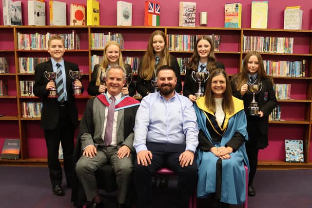 Tandragee Junior High School Learning Area Awards. Back L/R Noah Jones, Sarah Spence, Jessica Finch, Lucy Steele and Katie Clarke. Front L/R Mr CWB Brown (Principal), Mr D Ogle (Guest Speaker) and Mrs DL Inns (Vice Principal).