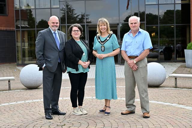 Connect2Gether project celebrates one year led by County Armagh Community Development (CACD) and Clones Family Resource Centre. The project builds positive cross-border and cross-community relationships alongside tackling issues such as poverty and isolation. Pictured L to R IFI Board Member, Peter Osborne, Alison Cleary, Clones Family Resource Centre, Lord Mayor Alderman Margaret Tinsley and William Moorcroft, CACD Chairperson pictured at the event at Craigavon Civic Centre.
