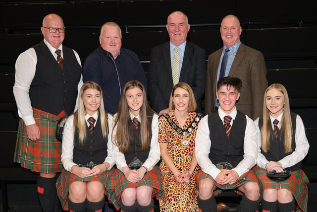 Pictured at the Civic Awards are representatives of Tullylagan Pipe Band Drum Corps, Grade 3A World Champions. Also pictured are Council Chair, Councillor Corry and nominating Councillors, Councillor Wilson, Councillor Brown, and Councillor McLean.