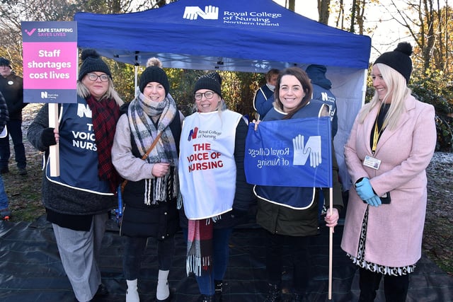 Joining the picket line at Craigavon Area Hospital are nursing staff from left, Julie Stewart, Frances Rodgers, Michelle Murphy, Julie-Ann Colvin and Catherine Teggart. PT50-202.