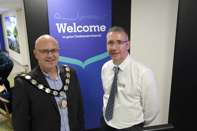 Pictured at the 'Meet the Team' event at the newly refurbished Bank of Ireland branch, Cookstown, from left: Cllr Dominic Molloy, Chairperson of Mid Ulster Council and Cathal McKee, Branch Manager, Bank of Ireland UK. Credit: Contributed