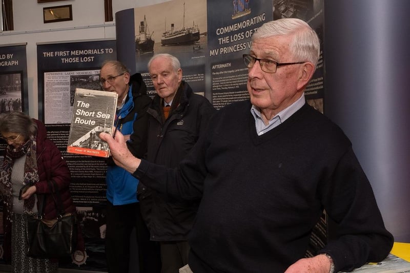 Local maritime historian Jim McCarlie, who lost his uncle in the Princess Victoria disaster, speaking at the launch of the exhibition.