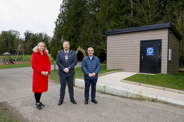 Lord Mayor, Councillor Paul Greenfield opens the modular Changing Places facilities, pictured with Clare Weir, Community Sport Active inclusion officer and Philip Cassidy, Gosford Park manager.