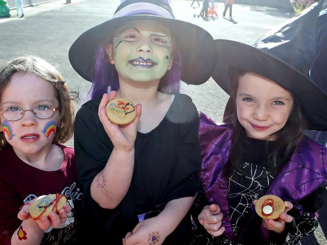 Abigail, Sheena and Aimee-Jayne enjoy Ballycastle Integrated PS Halloween Coffee Morning in 2009.