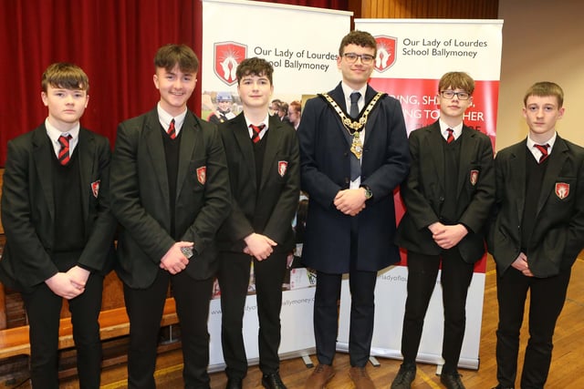 Mayor of Causeway Coast and Glens, Councillor Ciarán McQuillan, visited Our Lady of Lourdes in Ballymoney to discuss issues such as citizenship, leadership in the community and how young people can get involved in local politics.
