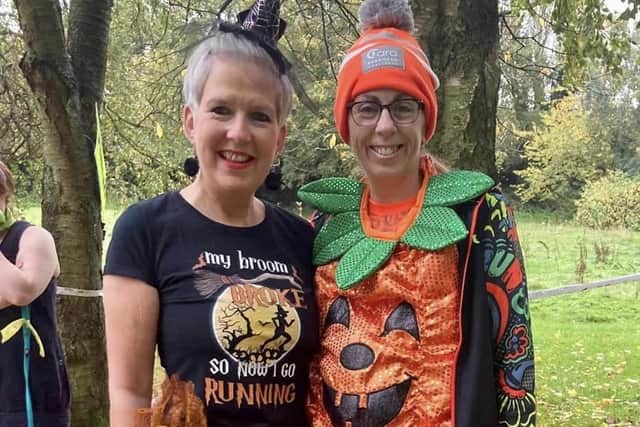 Ingrid Hamilton and Alison Duncan in suitable Halloween garb at the Limavady Parkrun